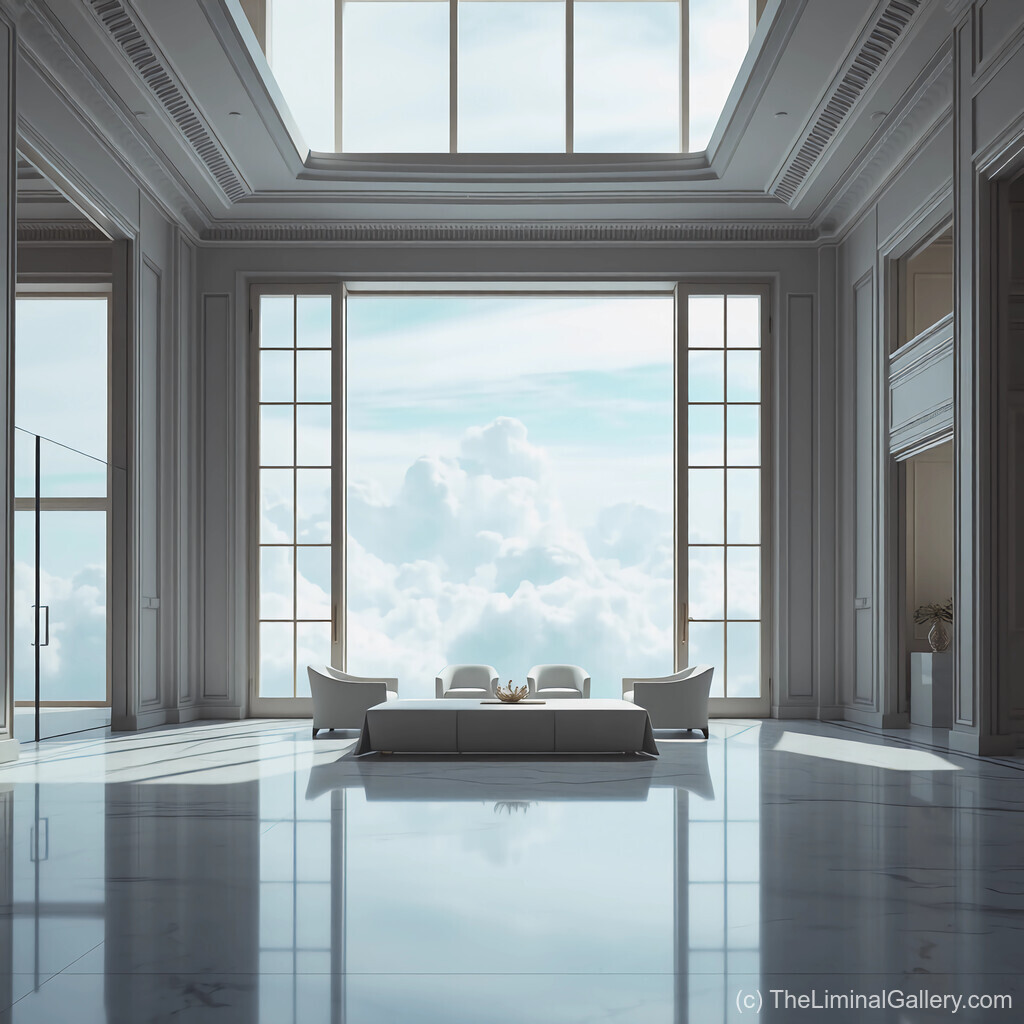 A serene lounge nestled above the clouds, offering a tranquil escape blending elegance with dreamlike wonder.